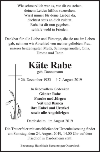 Traueranzeige von Käte Rabe (geb. Dannemann)  von Magdeburger Volksstimme