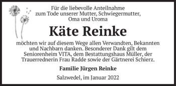 Traueranzeige von Käte Reinke  von Magdeburger Volksstimme