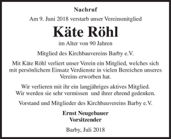 Traueranzeige von Käte Röhl  von Magdeburger Volksstimme