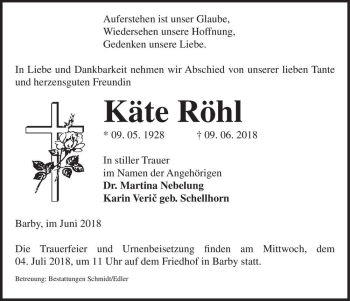 Traueranzeige von Käte Röhl  von Magdeburger Volksstimme