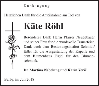 Traueranzeige von Käte Röhl  von Magdeburger Volksstimme