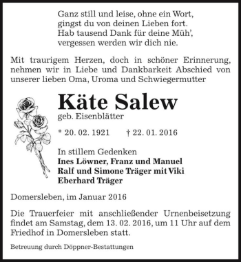 Traueranzeige von Käte Salew (geb. Eisenblätter)  von Magdeburger Volksstimme