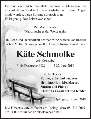 Traueranzeige von Käte Schmolke (geb. Constabel)  von Magdeburger Volksstimme