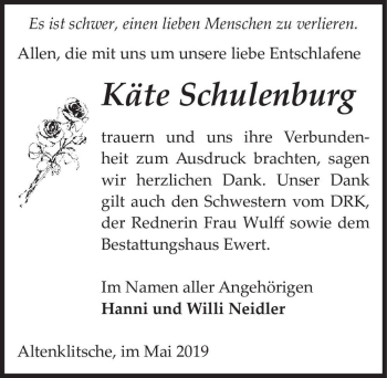 Traueranzeige von Käte Schulenburg  von Magdeburger Volksstimme