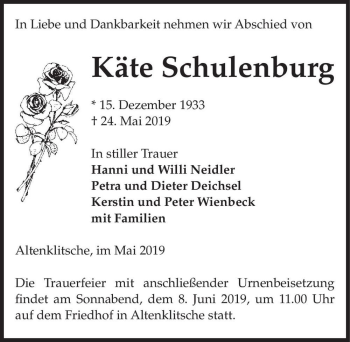 Traueranzeige von Käte Schulenburg  von Magdeburger Volksstimme