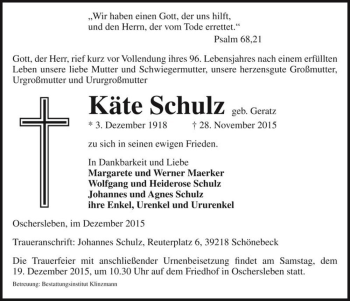 Traueranzeige von Käte Schulz (geb. Geratz)  von Magdeburger Volksstimme