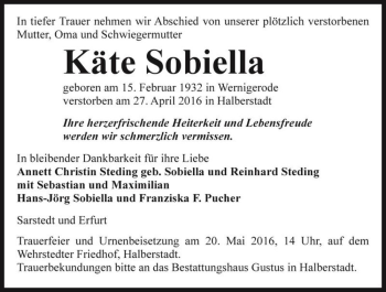 Traueranzeige von Käte Sobiella  von Magdeburger Volksstimme