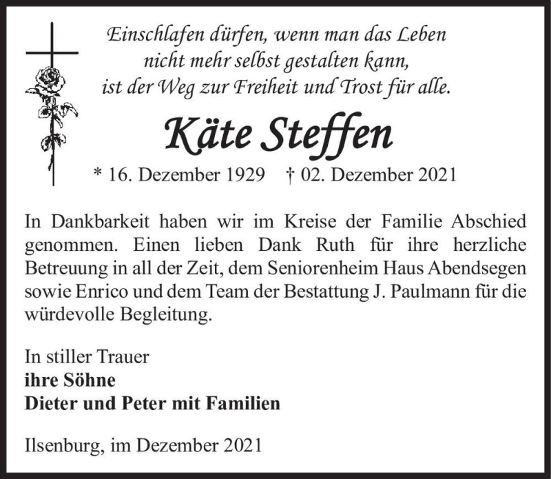 Traueranzeige für Käte Steffen  vom 23.12.2021 aus Magdeburger Volksstimme