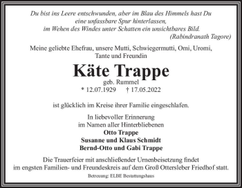 Traueranzeige von Käte Trappe (geb. Rummel)  von Magdeburger Volksstimme