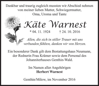 Traueranzeige von Käte Warnest  von Magdeburger Volksstimme