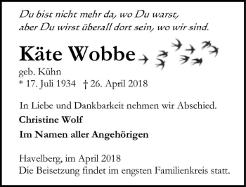 Traueranzeige von Käte Wobbe (geb. Kühn)  von Magdeburger Volksstimme