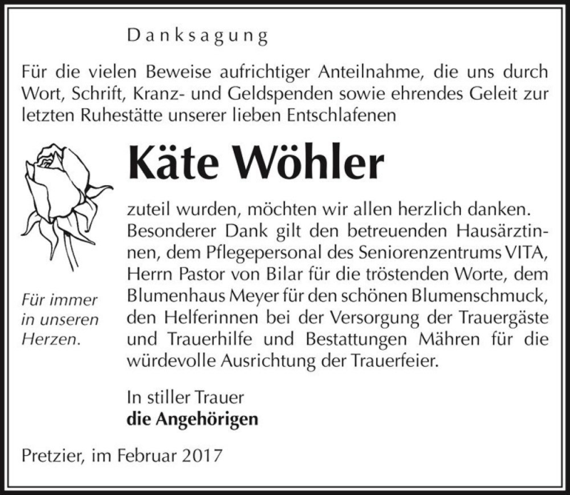  Traueranzeige für Käte Wöhler  vom 03.03.2017 aus Magdeburger Volksstimme