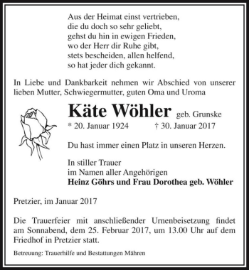 Traueranzeige von Käte Wöhler (geb. Grunske)  von Magdeburger Volksstimme