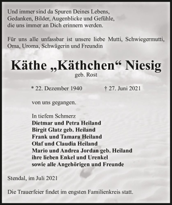 Traueranzeige von Käthe 