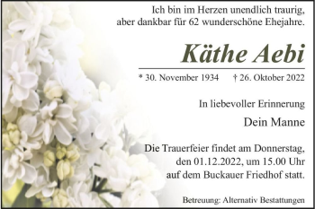 Traueranzeige von Käthe Aebi  von Magdeburger Volksstimme