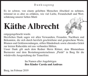Traueranzeige von Käthe Albrecht  von Magdeburger Volksstimme