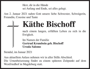 Traueranzeige von Käthe Bischoff  von Magdeburger Volksstimme