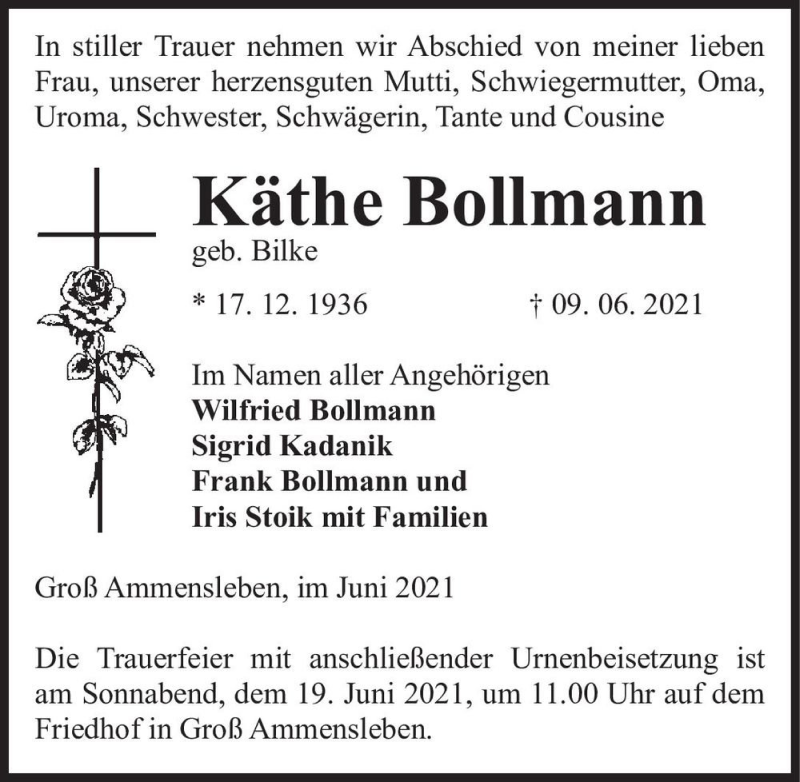  Traueranzeige für Käthe Bollmann (geb. Bilke)  vom 12.06.2021 aus Magdeburger Volksstimme