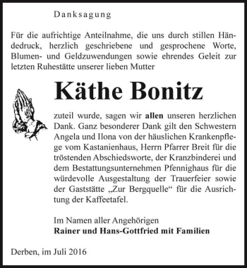 Traueranzeige von Käthe Bonitz  von Magdeburger Volksstimme