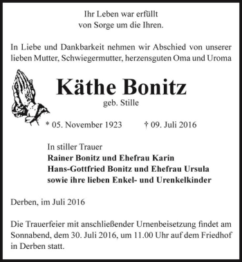 Traueranzeige von Käthe Bonitz (geb. Stille)  von Magdeburger Volksstimme