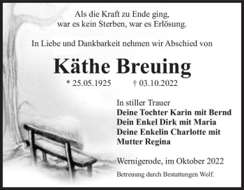 Traueranzeige von Käthe Breuing  von Magdeburger Volksstimme