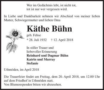 Traueranzeige von Käthe Bühn (geb. Fehse)  von Magdeburger Volksstimme