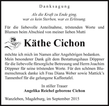 Traueranzeige von Käthe Cichon  von Magdeburger Volksstimme