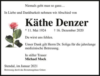 Traueranzeige von Käthe Denzer  von Magdeburger Volksstimme