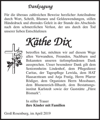 Traueranzeige von Käthe Dix  von Magdeburger Volksstimme