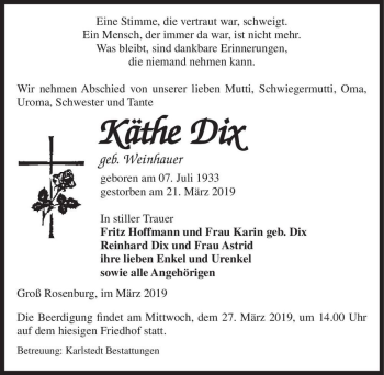 Traueranzeige von Käthe Dix (geb. Weinhauer)  von Magdeburger Volksstimme