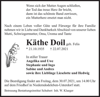 Traueranzeige von Käthe Doil (geb. Felis)  von Magdeburger Volksstimme