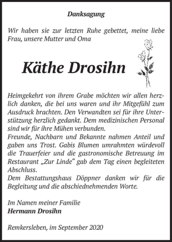 Traueranzeige von Käthe Drosihn  von Magdeburger Volksstimme