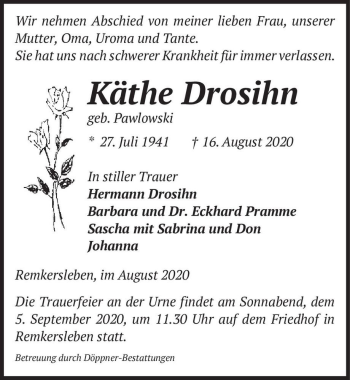 Traueranzeige von Käthe Drosihn (geb. Palowski)  von Magdeburger Volksstimme
