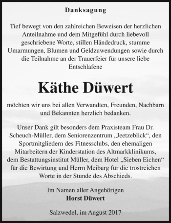 Traueranzeige von Käthe Düwert  von Magdeburger Volksstimme