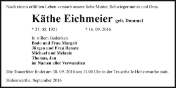 Traueranzeige von Käthe Eichmeier (geb. Dommel)  von Magdeburger Volksstimme