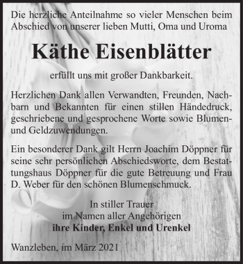 Traueranzeige von Käthe Eisenblätter  von Magdeburger Volksstimme