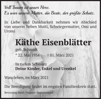 Traueranzeige von Käthe Eisenblätter (geb. Schmidt)  von Magdeburger Volksstimme