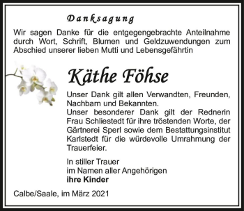Traueranzeige von Käthe Föhse  von Magdeburger Volksstimme