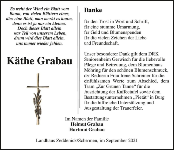 Traueranzeige von Käthe Grabau  von Magdeburger Volksstimme