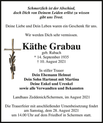 Traueranzeige von Käthe Grabau (geb. Rabach)  von Magdeburger Volksstimme