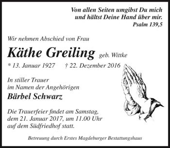 Traueranzeige von Käthe Greiling (geb. Wittke)  von Magdeburger Volksstimme
