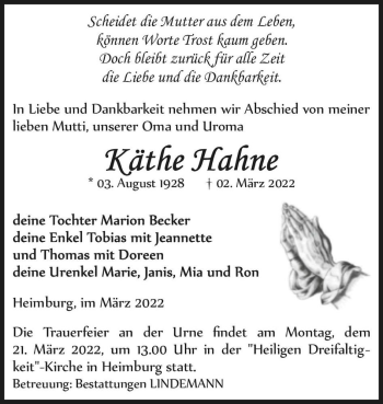 Traueranzeige von Käthe Hahne  von Magdeburger Volksstimme