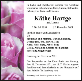 Traueranzeige von Käthe Hartge (geb. Lorenz)  von Magdeburger Volksstimme