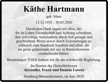 Traueranzeige von Käthe Hartmann (geb. Maur)  von Magdeburger Volksstimme