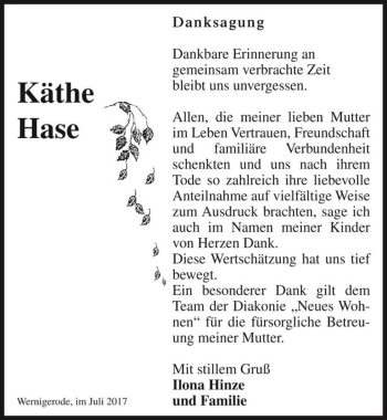 Traueranzeige von Käthe Hase  von Magdeburger Volksstimme
