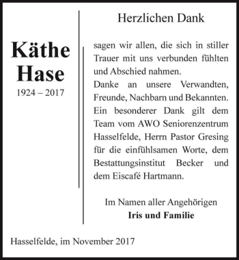 Traueranzeige von Käthe Hase  von Magdeburger Volksstimme