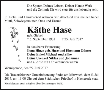 Traueranzeige von Käthe Hase (geb. Giebel)  von Magdeburger Volksstimme