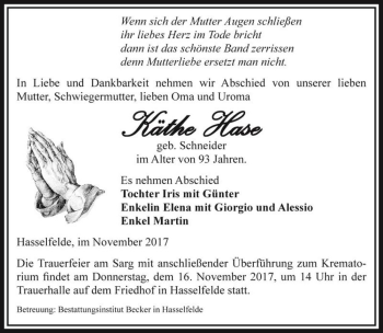 Traueranzeige von Käthe Hase (geb. Schneider)  von Magdeburger Volksstimme