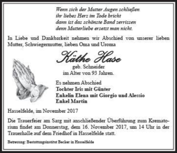Traueranzeige von Käthe Hase (geb. Schneider)  von Magdeburger Volksstimme