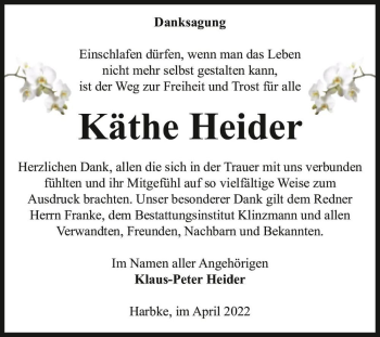 Traueranzeige von Käthe Heider  von Magdeburger Volksstimme